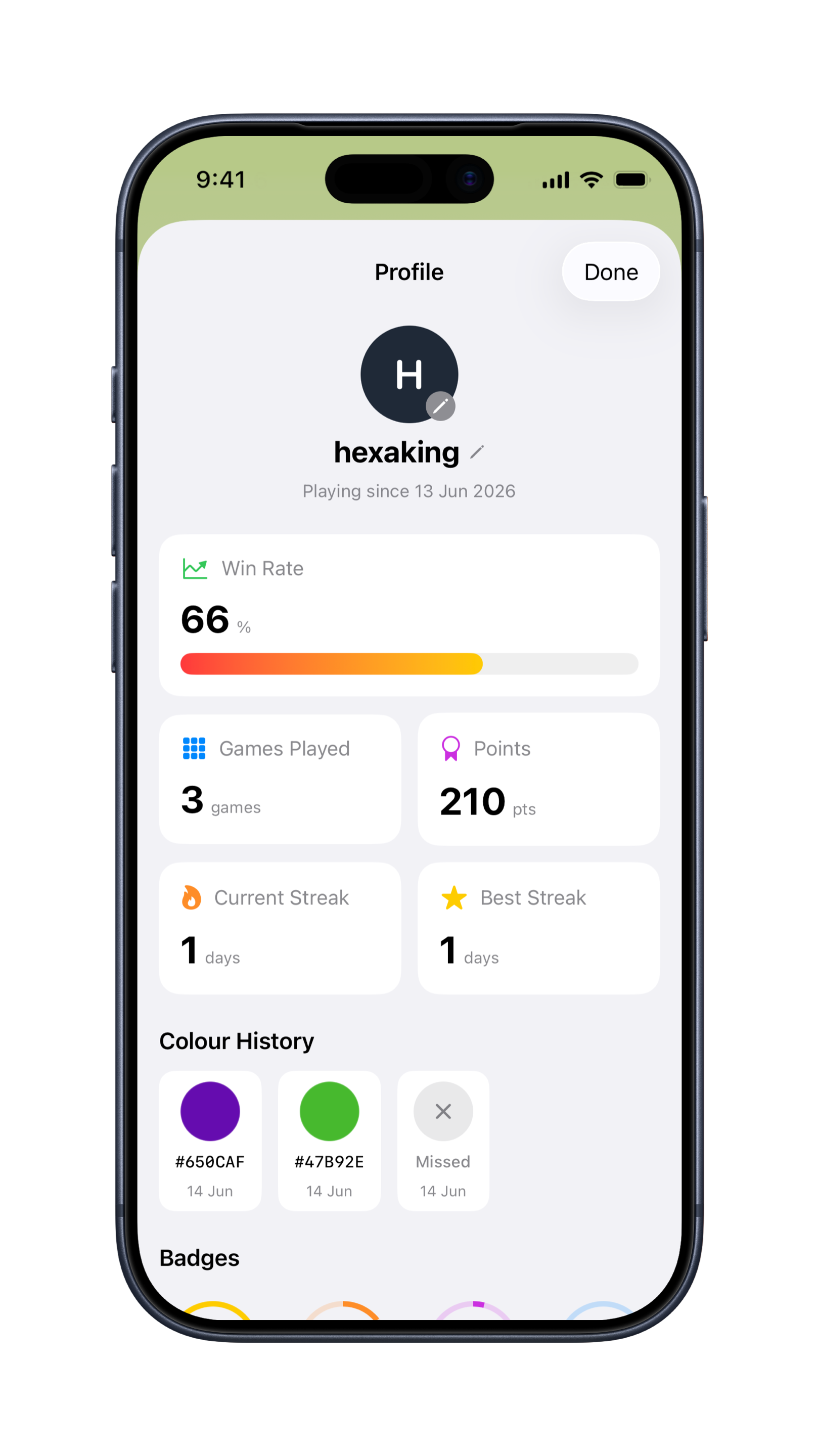 Hexadle profile: streak, colour history and badges