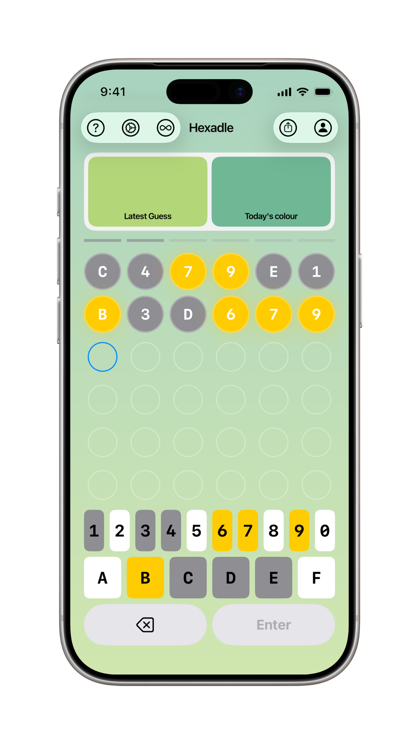 Hexadle game in progress — green puzzle theme