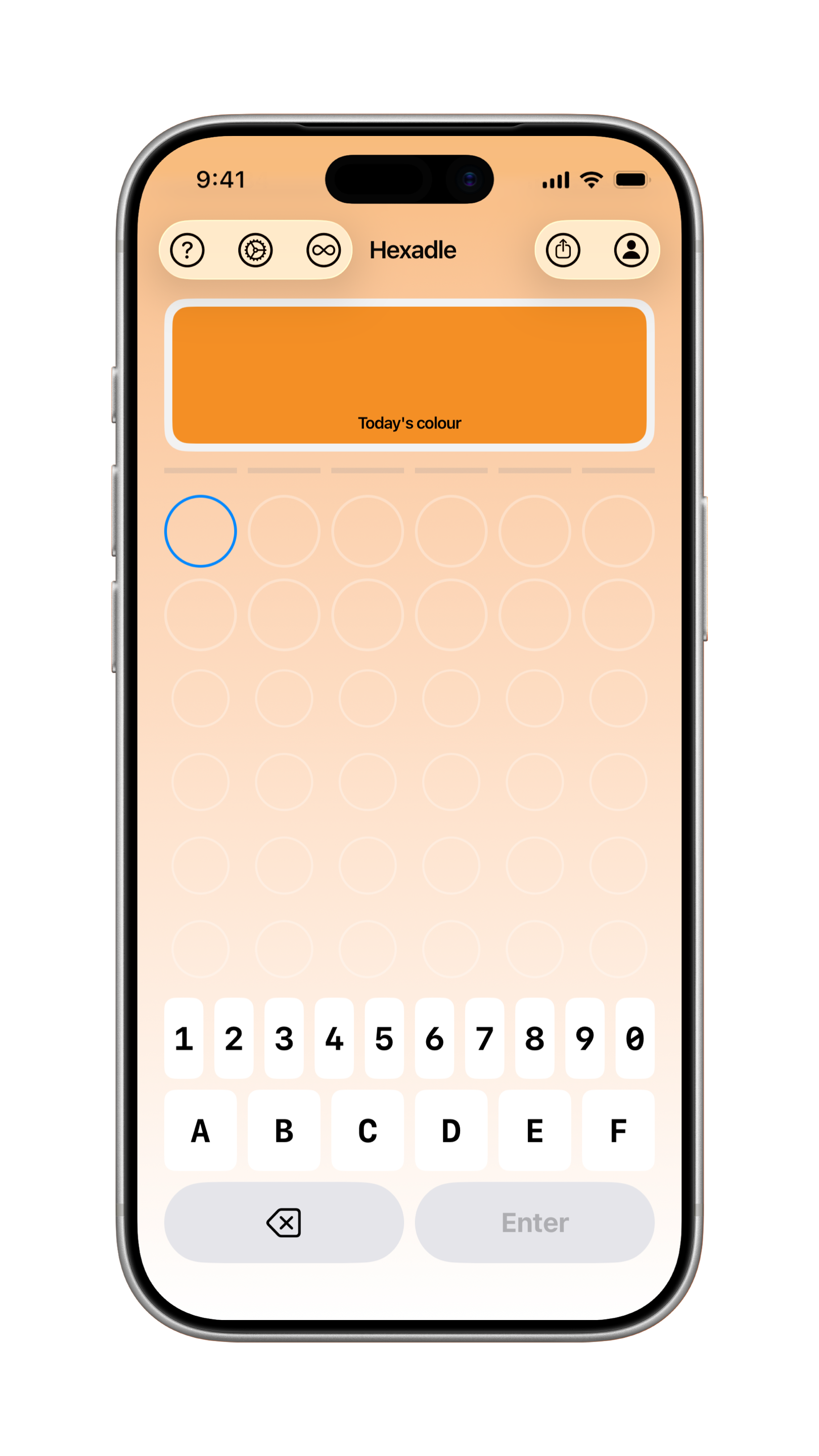 Hexadle game — warm orange puzzle theme