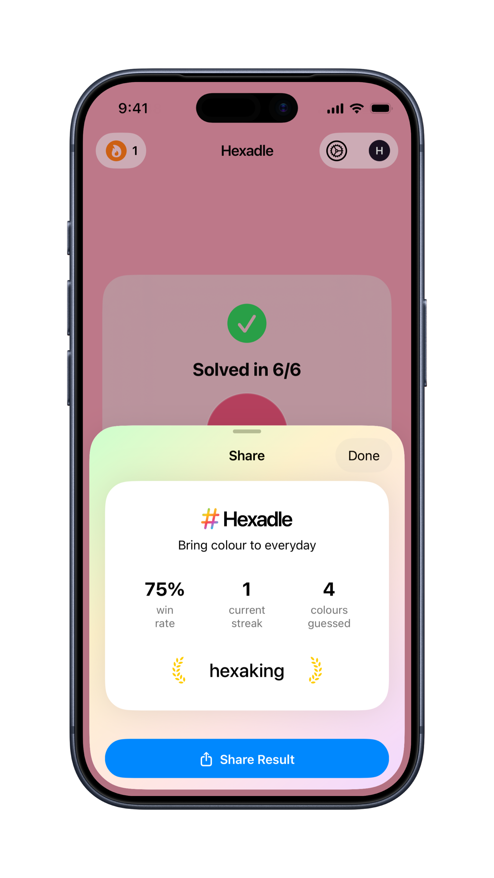 Hexadle share screen: stats card with win rate and streak